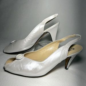 White Peep-Toe Slingback Heels with Button Accent